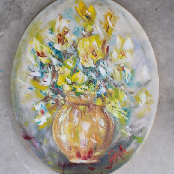 Original Golden Petal Floral 16x20 oval painting - Picture 4 of 4